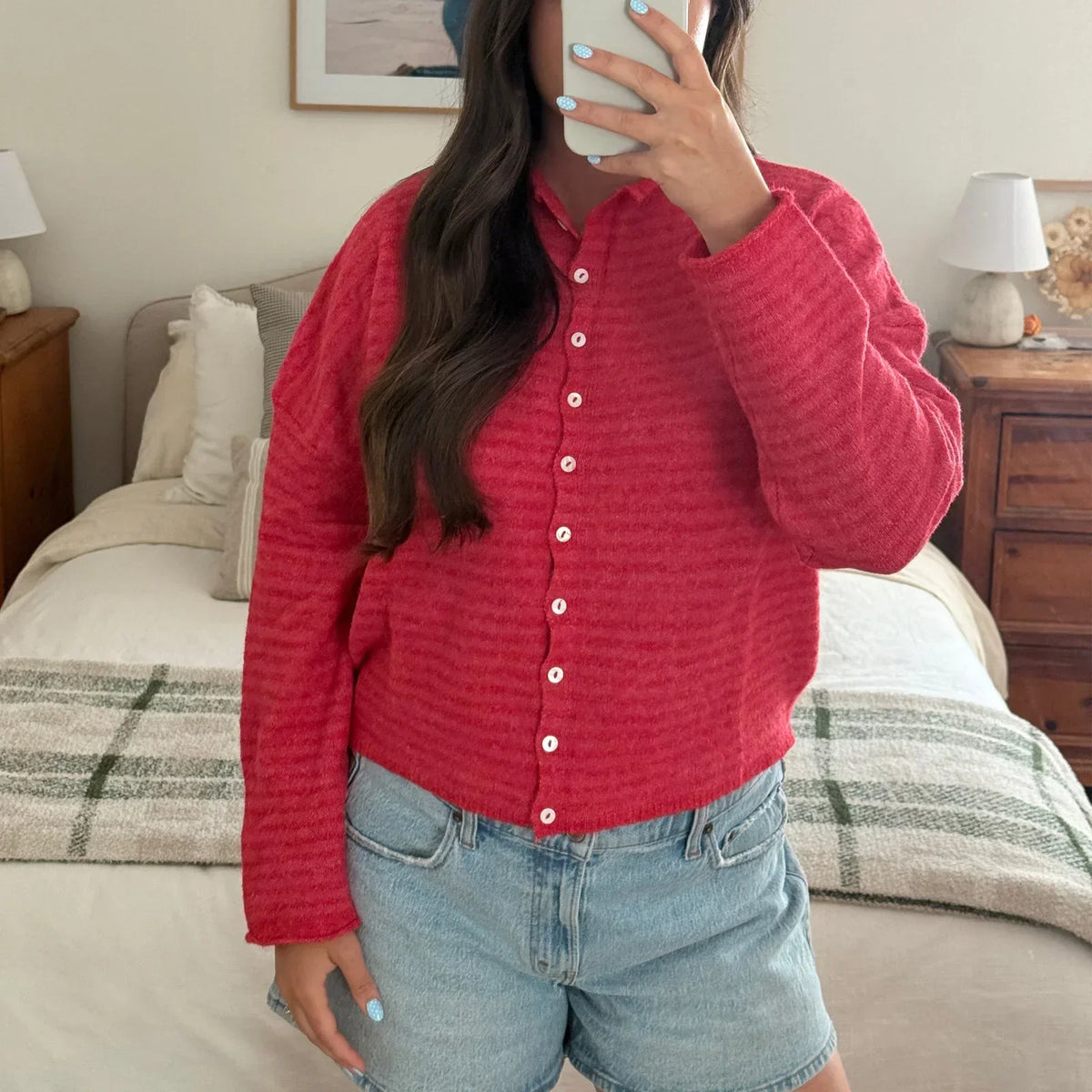 Striped Knit Cardigan with Collar and Pearl Buttons