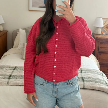 Striped Knit Cardigan with Collar and Pearl Buttons