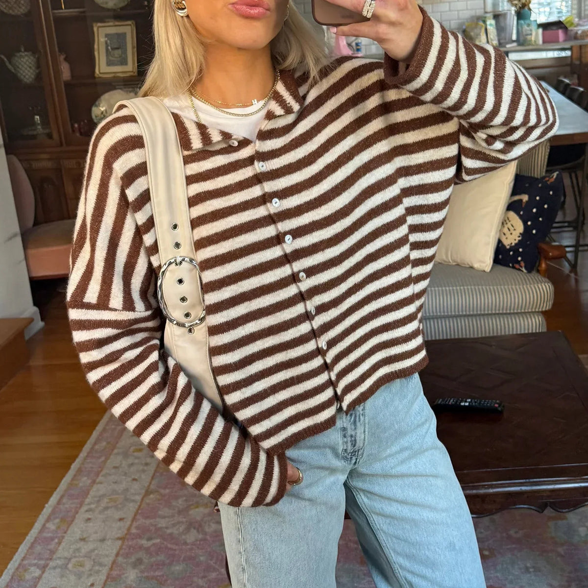 Striped Knit Cardigan with Collar and Pearl Buttons