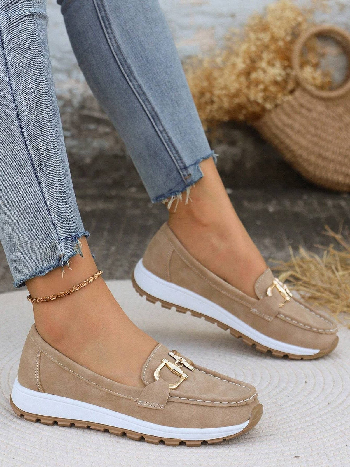 Suede Loafers with Gold Hardware and Chunky Sole