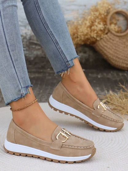 Suede Loafers with Gold Hardware and Chunky Sole