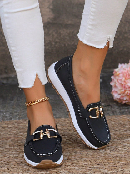 Suede Loafers with Gold Hardware and Chunky Sole