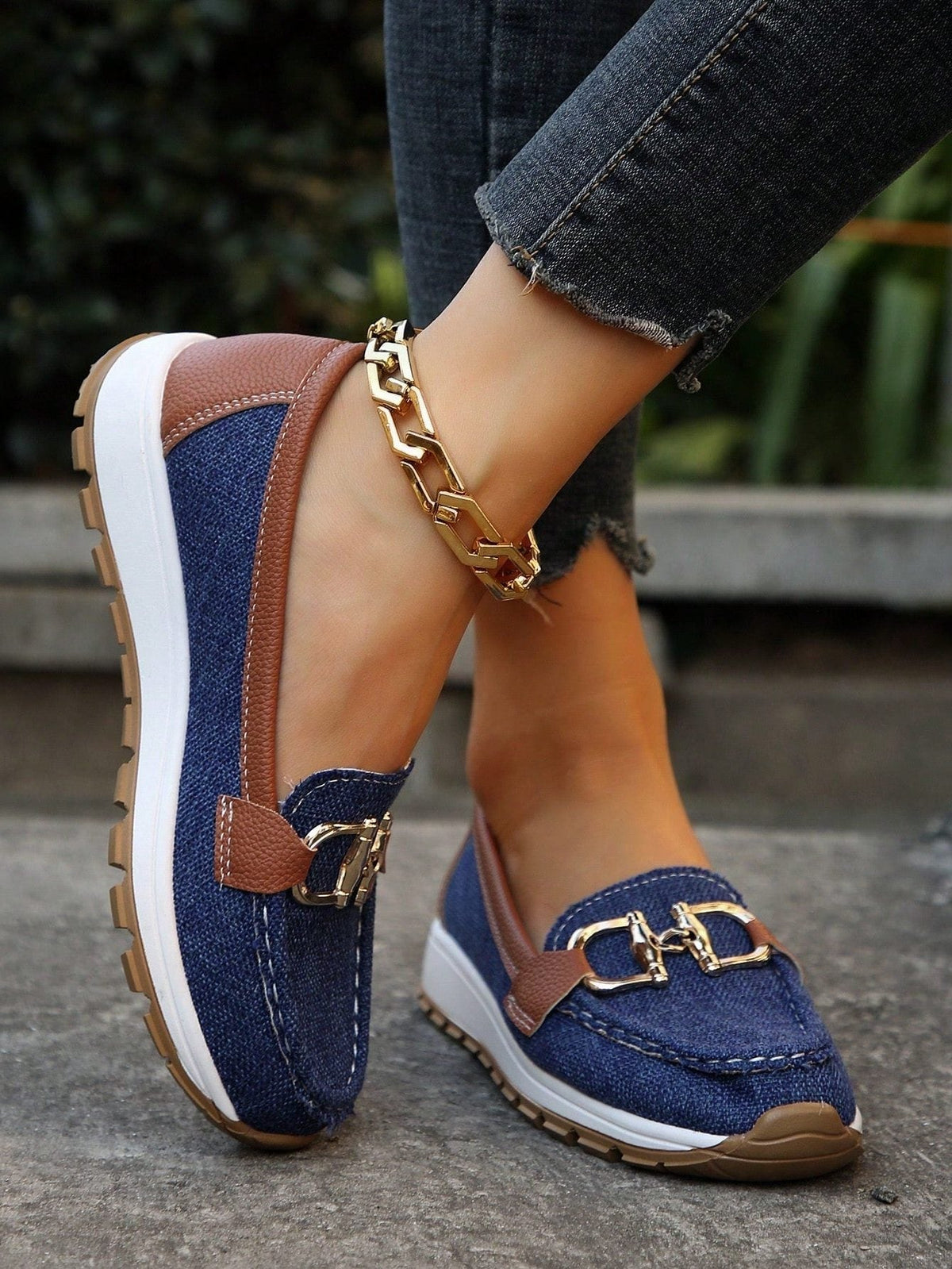 Suede Loafers with Gold Hardware and Chunky Sole