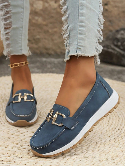 Suede Loafers with Gold Hardware and Chunky Sole