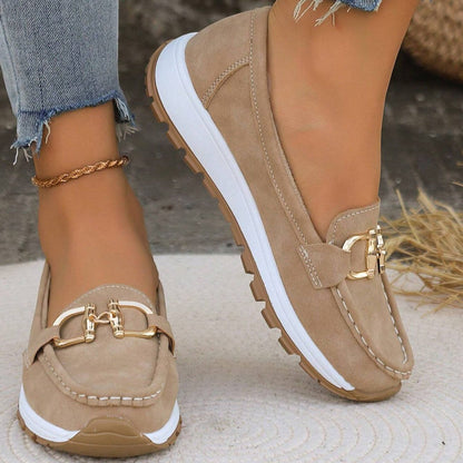 Suede Loafers with Gold Hardware and Chunky Sole