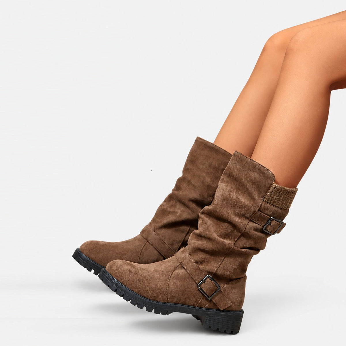 Suede Mid Calf Boots with Knit Cuff and Double Buckle Straps