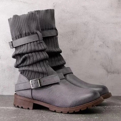 Suede Mid Calf Boots with Knit Cuff and Double Buckle Straps