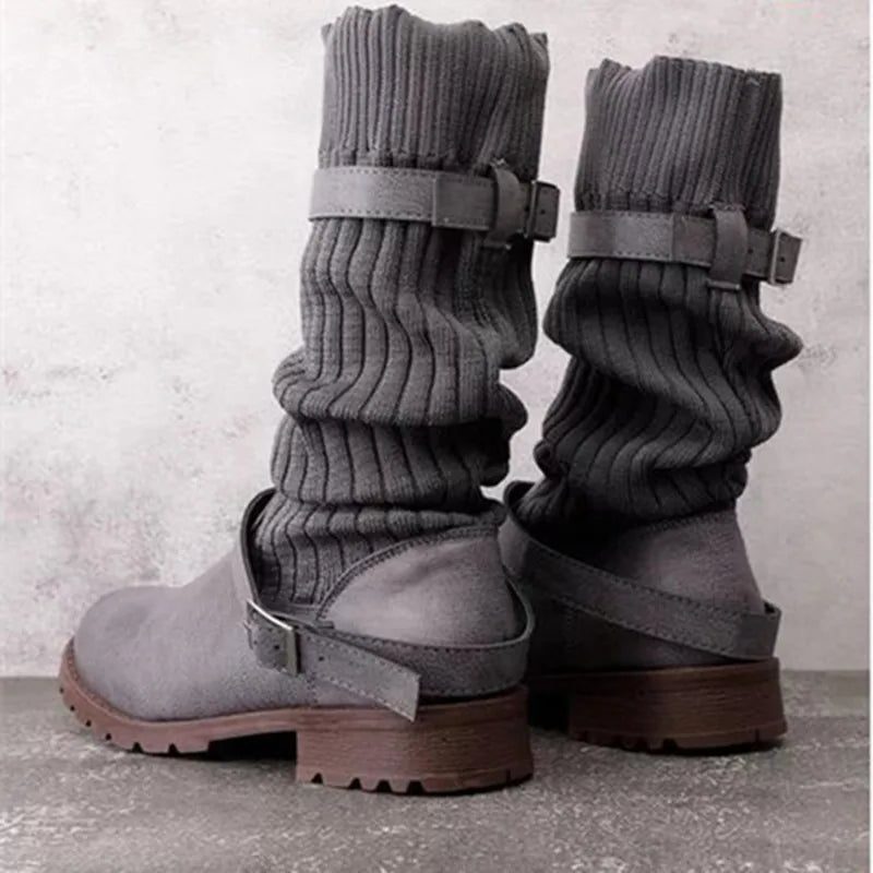 Suede Mid Calf Boots with Knit Cuff and Double Buckle Straps