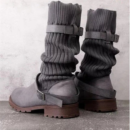 Suede Mid Calf Boots with Knit Cuff and Double Buckle Straps