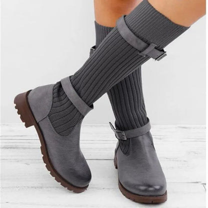 Suede Mid Calf Boots with Knit Cuff and Double Buckle Straps