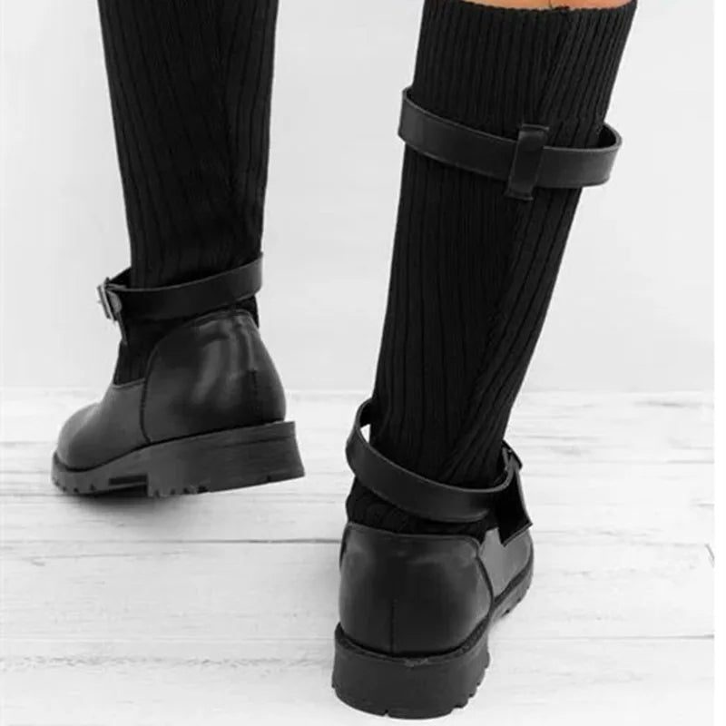 Suede Mid Calf Boots with Knit Cuff and Double Buckle Straps