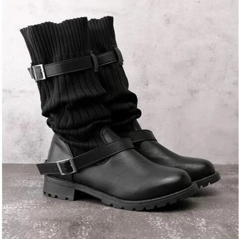 Suede Mid Calf Boots with Knit Cuff and Double Buckle Straps
