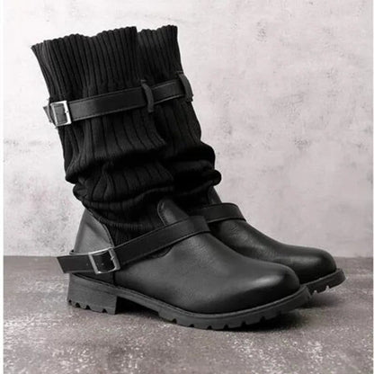 Suede Mid Calf Boots with Knit Cuff and Double Buckle Straps