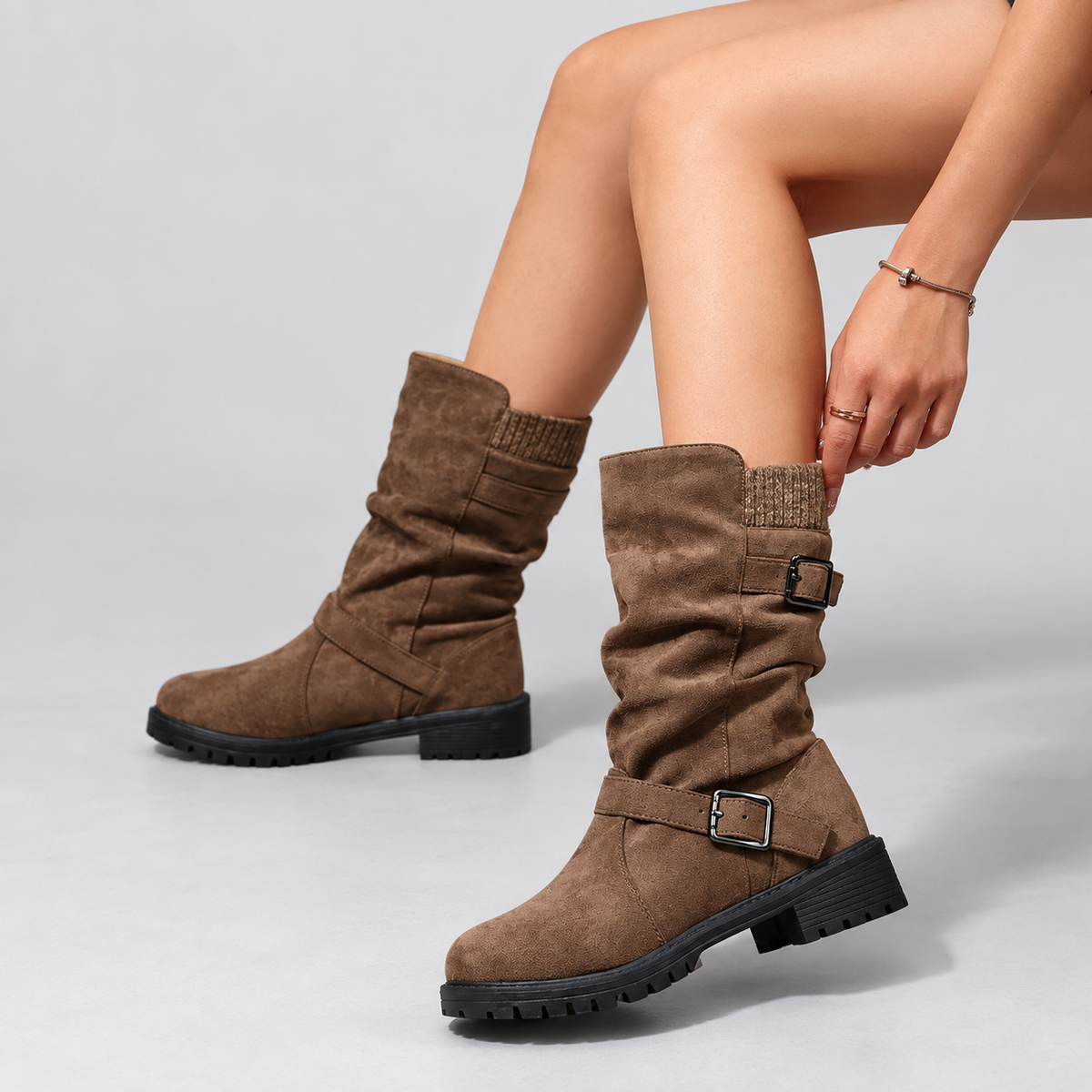 Suede Mid Calf Boots with Knit Cuff and Double Buckle Straps