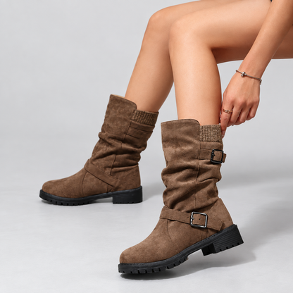 Suede Mid Calf Boots with Knit Cuff and Double Buckle Straps