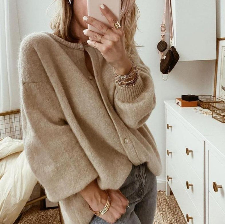 Taupe Oversized Fluffy Knit Cardigan with Ribbed Cuffs