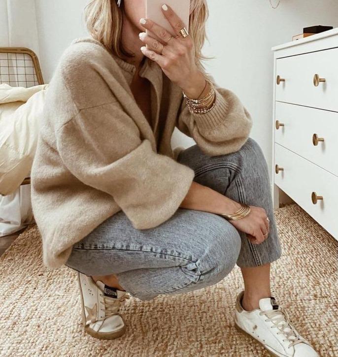 Taupe Oversized Fluffy Knit Cardigan with Ribbed Cuffs