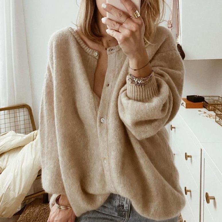 Taupe Oversized Fluffy Knit Cardigan with Ribbed Cuffs