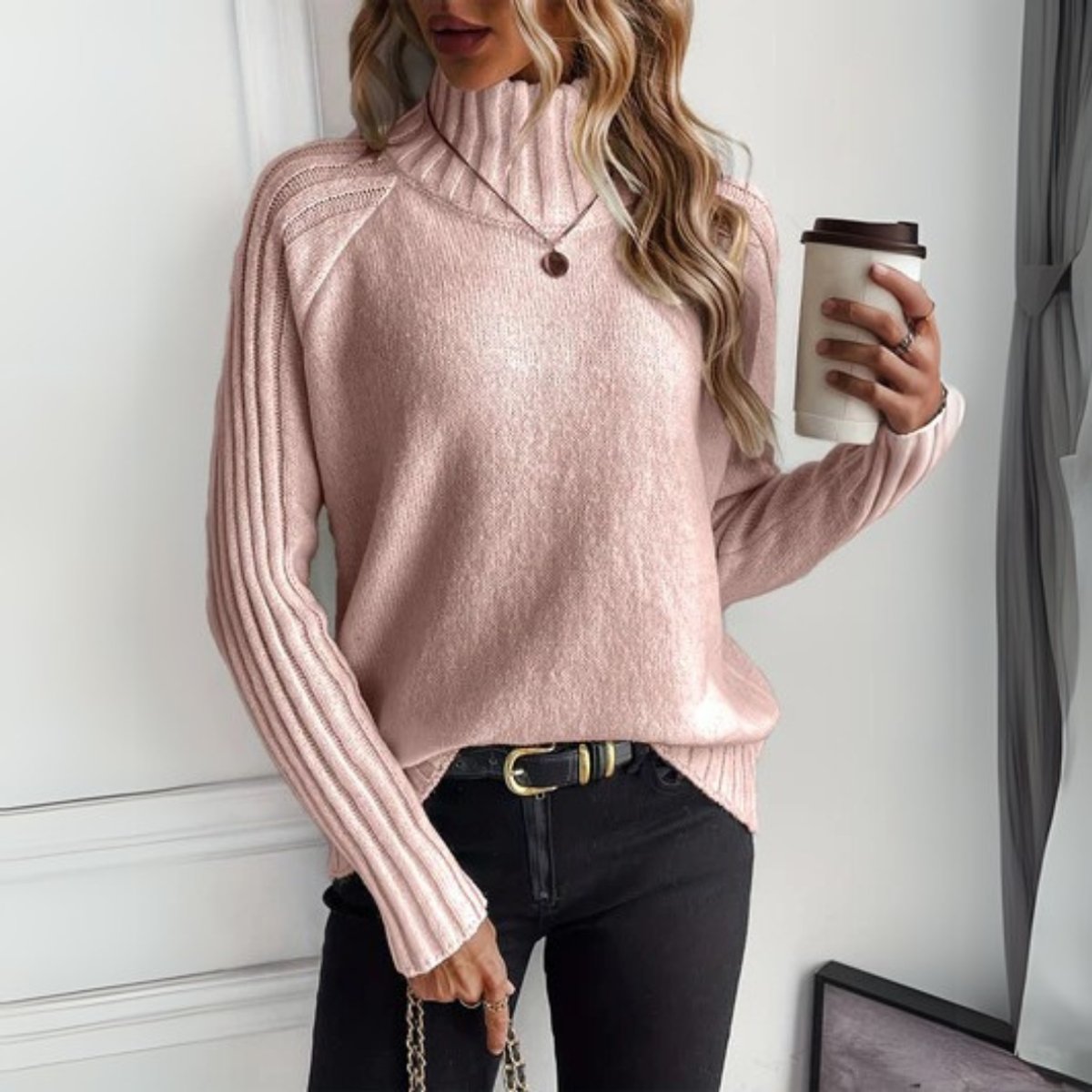 Turtleneck Sweater with Ribbed Raglan Sleeves