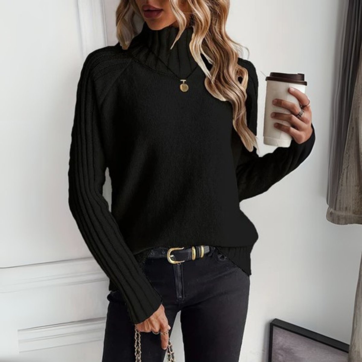 Turtleneck Sweater with Ribbed Raglan Sleeves