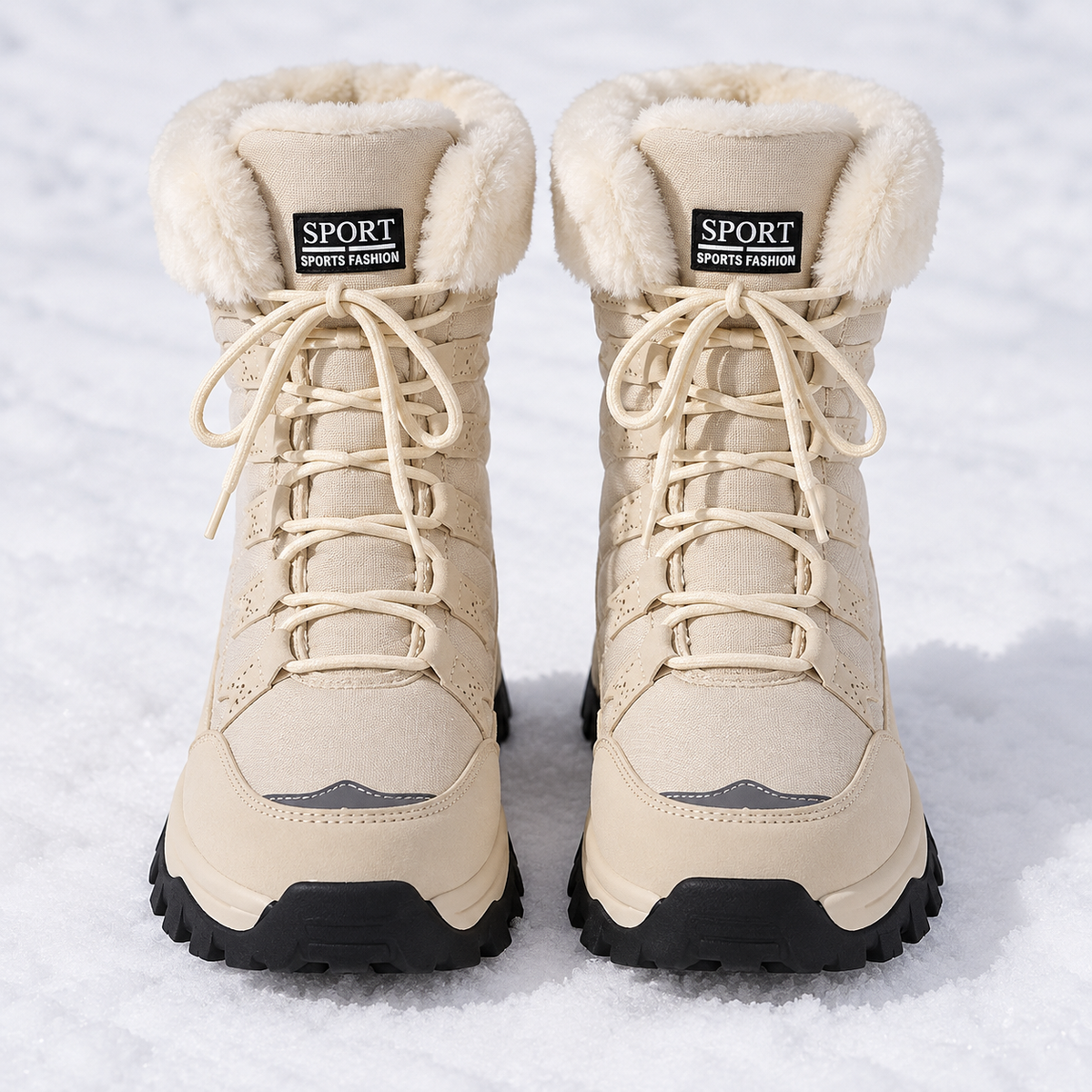 Warm Lace-Up Snow Boots with Fluffy Collar and Chunky Sole