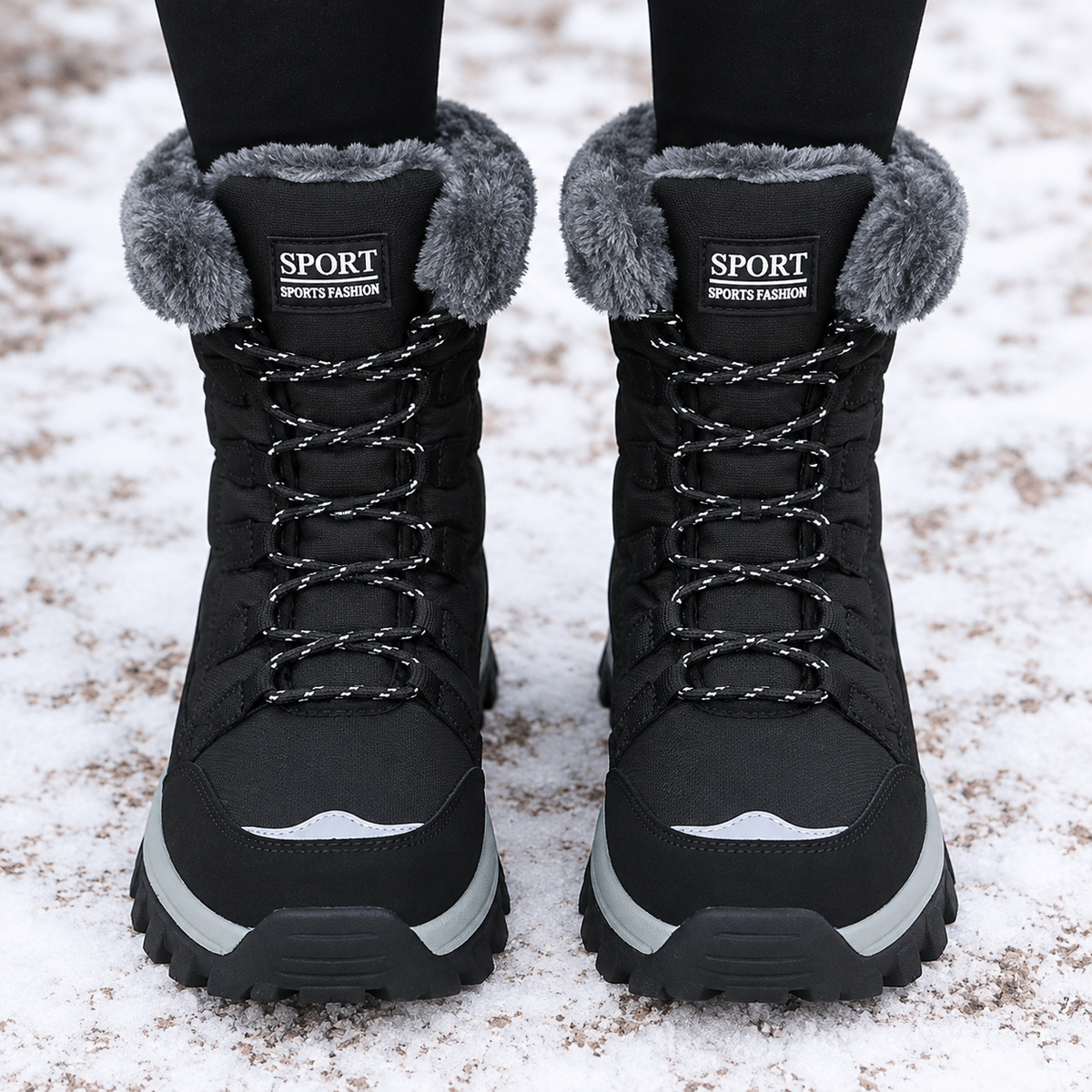 Warm Lace-Up Snow Boots with Fluffy Collar and Chunky Sole