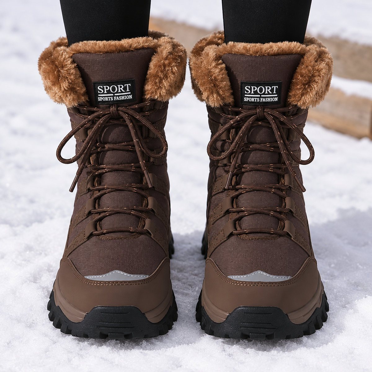 Warm Lace-Up Snow Boots with Fluffy Collar and Chunky Sole