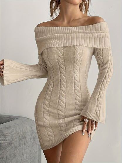 Chique Cable Knit Off Shoulder Mini Dress with Flared Sleeves