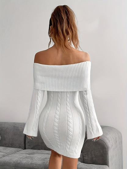 Chique Cable Knit Off Shoulder Mini Dress with Flared Sleeves