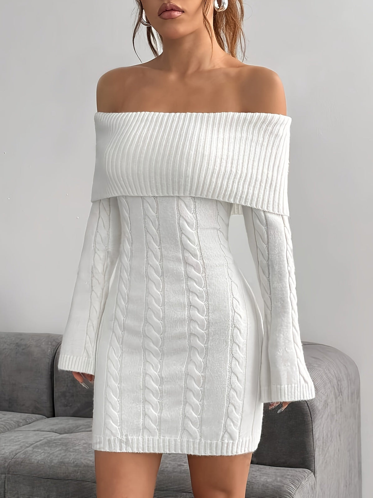 Chique Cable Knit Off Shoulder Mini Dress with Flared Sleeves