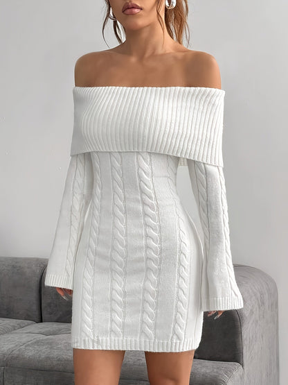 Chique Cable Knit Off Shoulder Mini Dress with Flared Sleeves