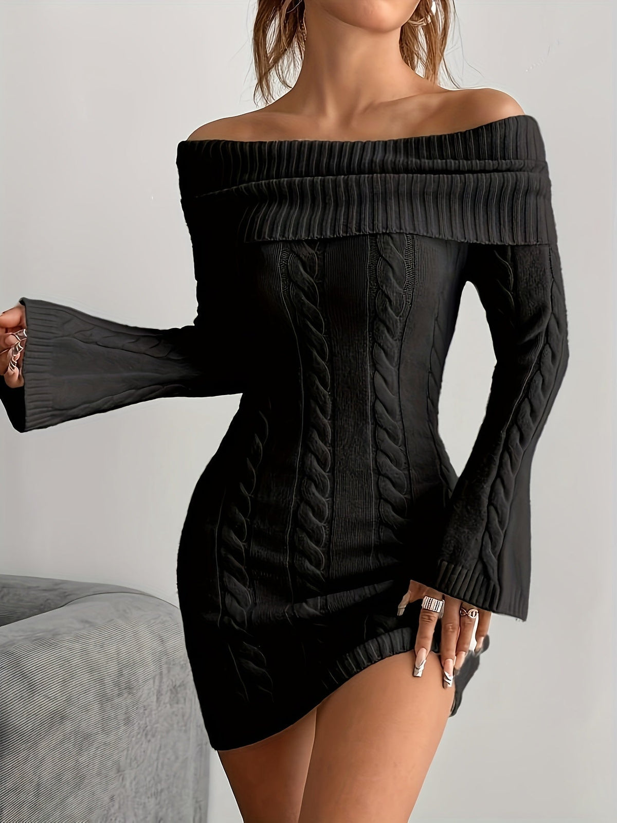 Chique Cable Knit Off Shoulder Mini Dress with Flared Sleeves
