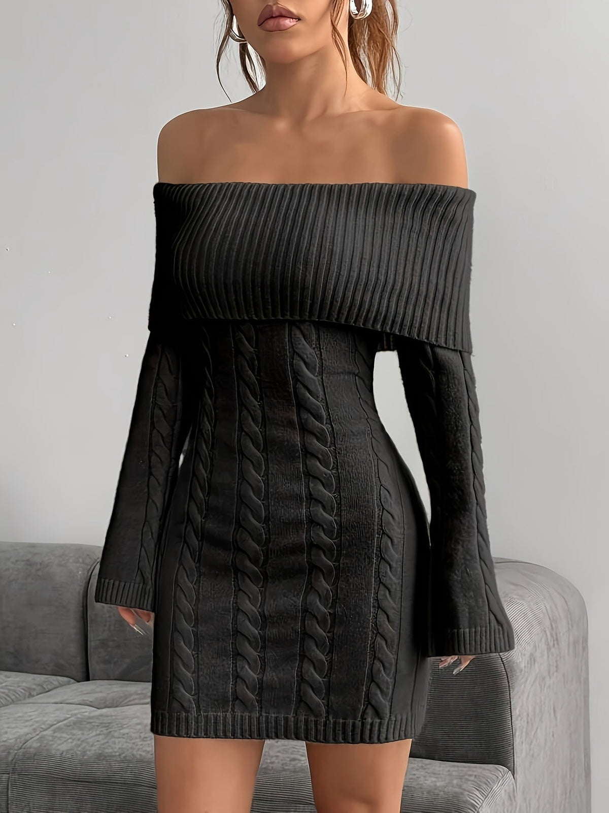 Chique Cable Knit Off Shoulder Mini Dress with Flared Sleeves