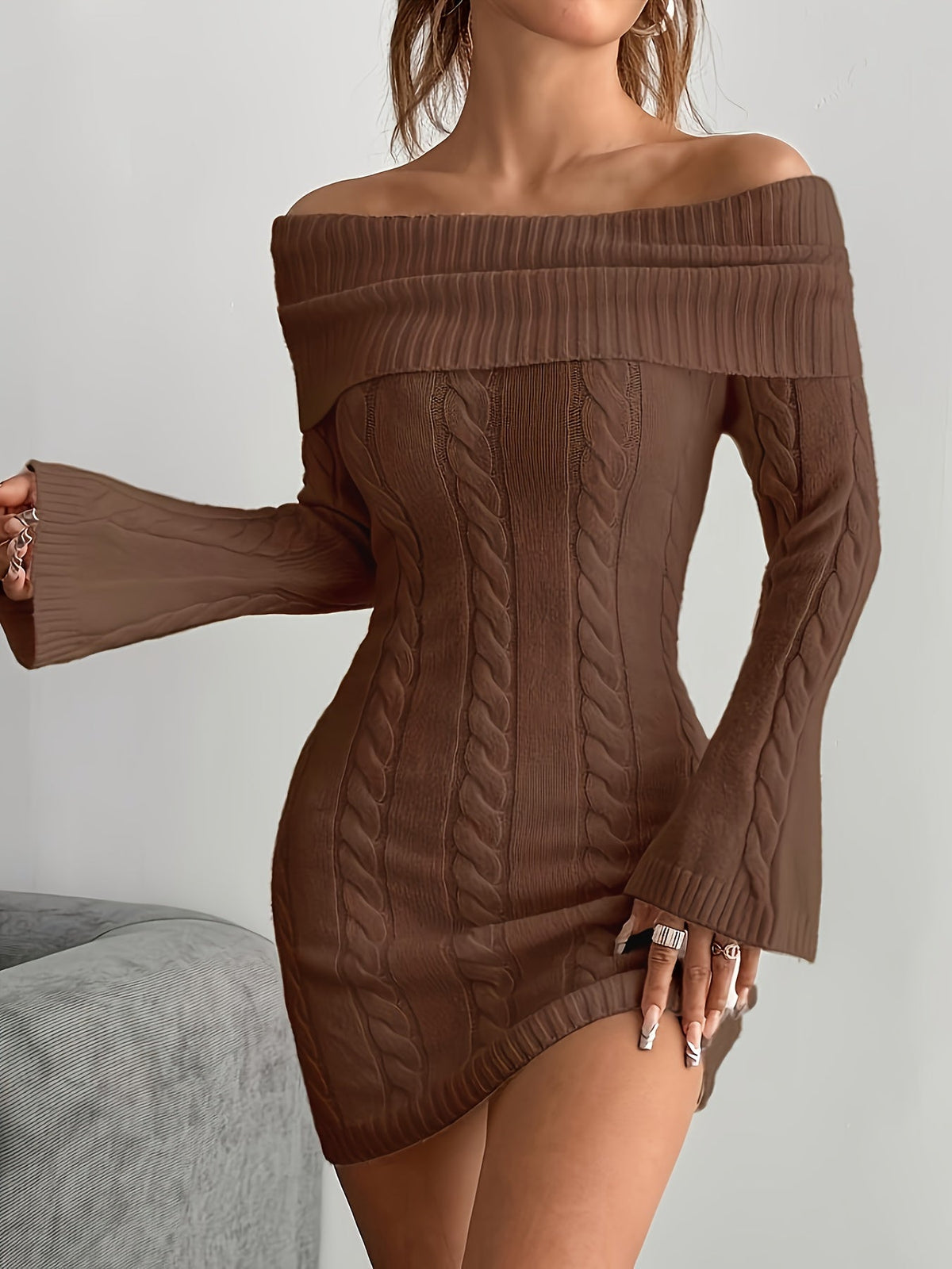 Chique Cable Knit Off Shoulder Mini Dress with Flared Sleeves