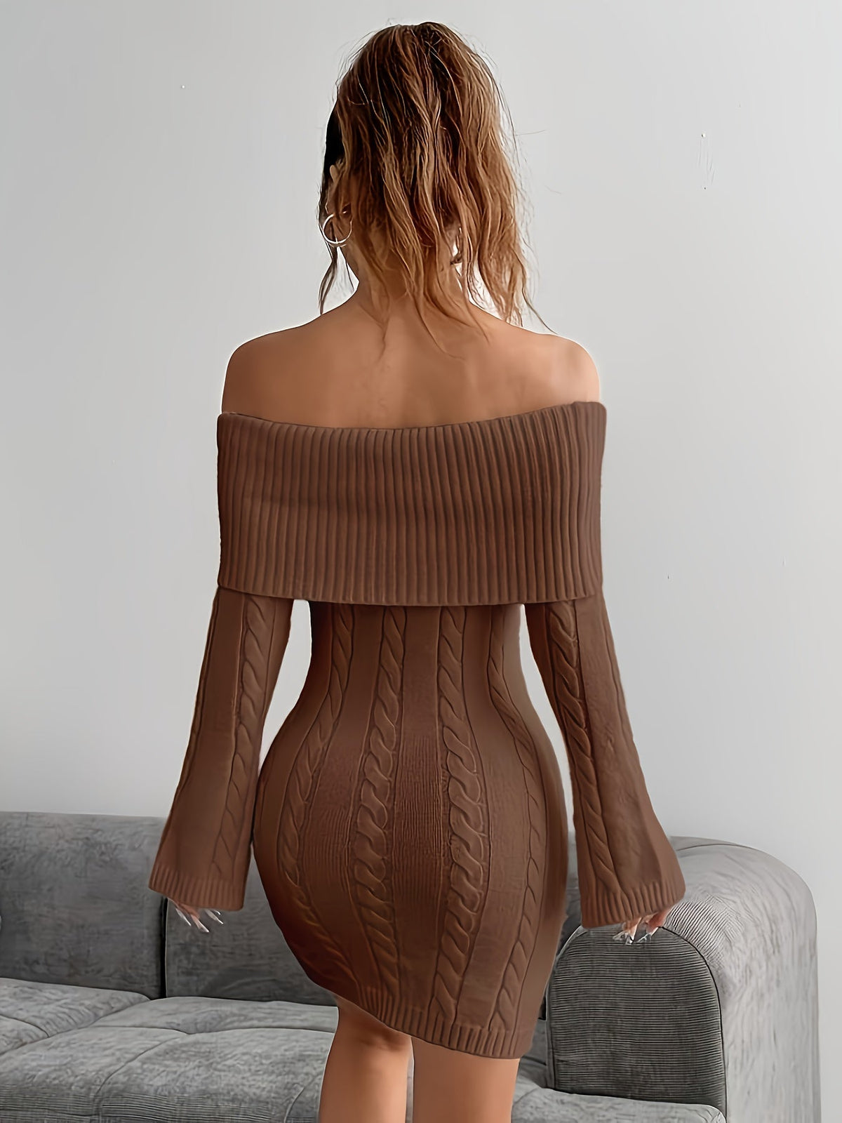 Chique Cable Knit Off Shoulder Mini Dress with Flared Sleeves