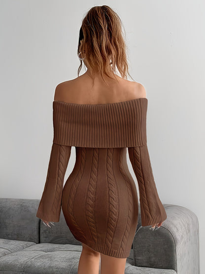 Chique Cable Knit Off Shoulder Mini Dress with Flared Sleeves
