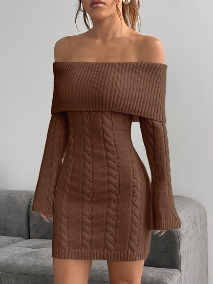 Chique Cable Knit Off Shoulder Mini Dress with Flared Sleeves
