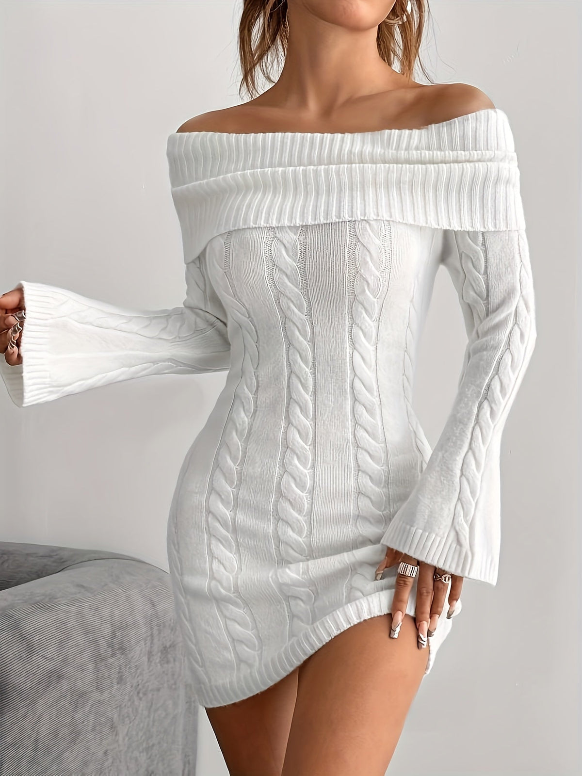 Chique Cable Knit Off Shoulder Mini Dress with Flared Sleeves