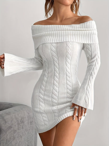 Chique Cable Knit Off Shoulder Mini Dress with Flared Sleeves
