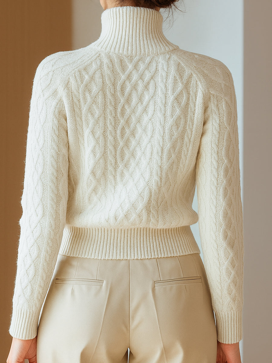 White Cropped Cable Knit Cardigan with Gold Zip and Stand Collar