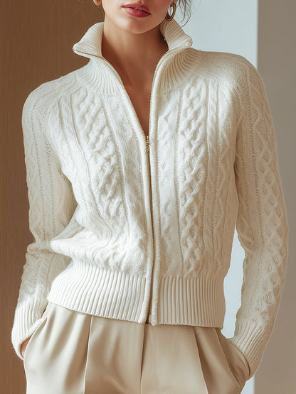 White Cropped Cable Knit Cardigan with Gold Zip and Stand Collar