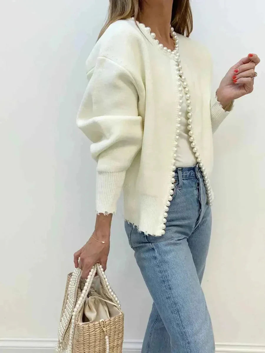 White Open Front Cardigan with Pearl Trim and Frayed Hem