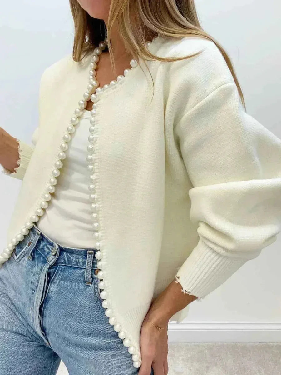 White Open Front Cardigan with Pearl Trim and Frayed Hem