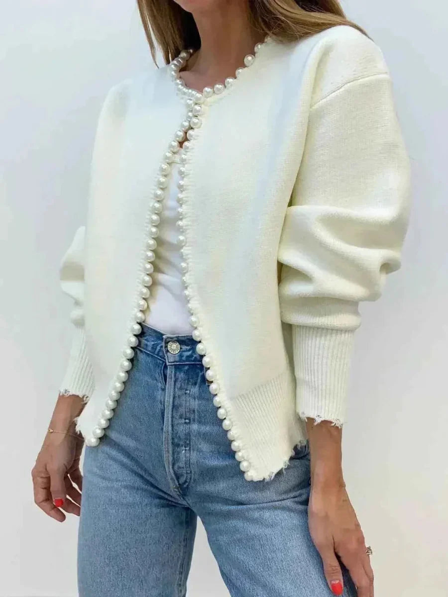 White Open Front Cardigan with Pearl Trim and Frayed Hem