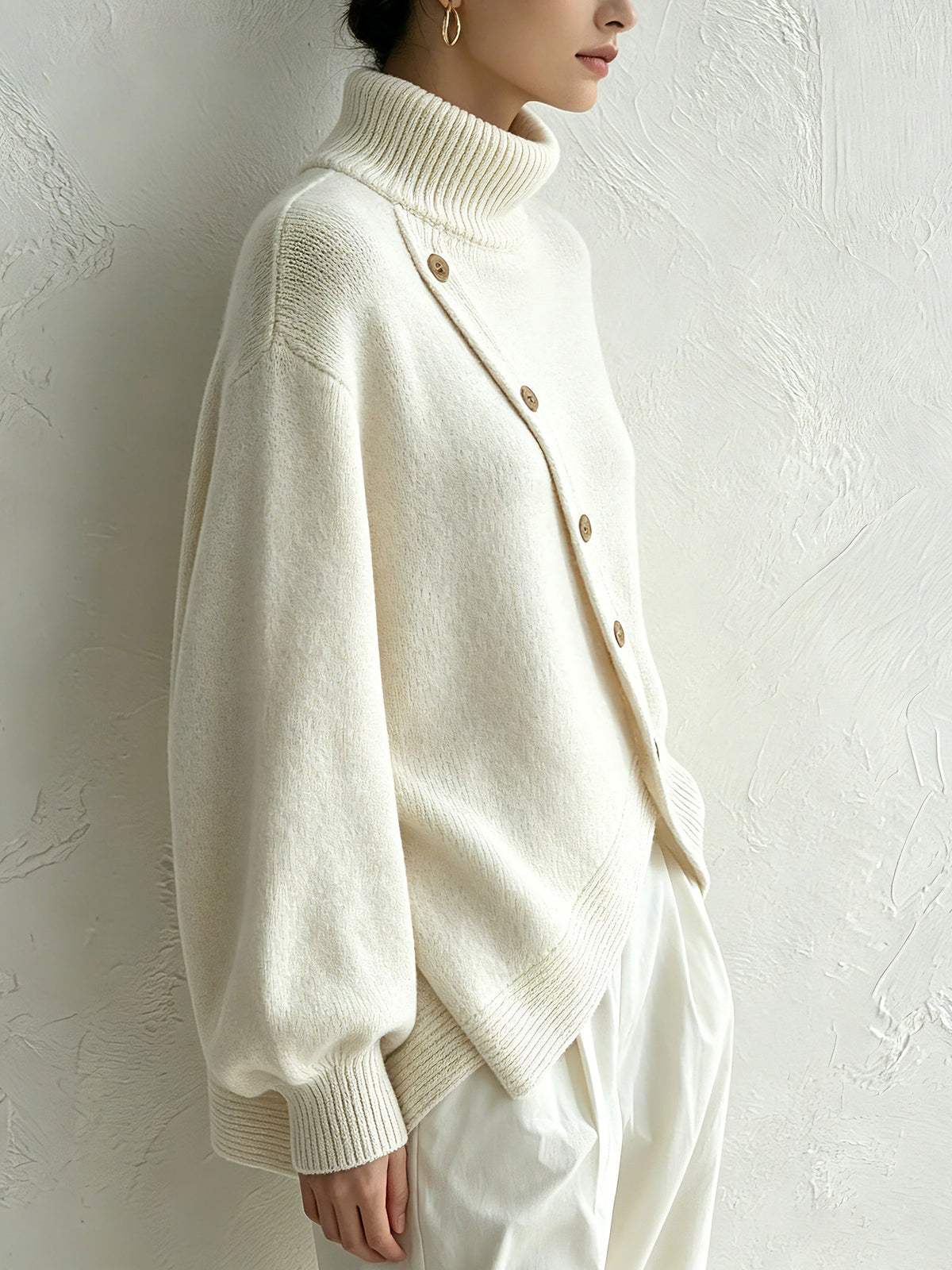 White Oversized Turtleneck Sweater with Diagonal Button Detail