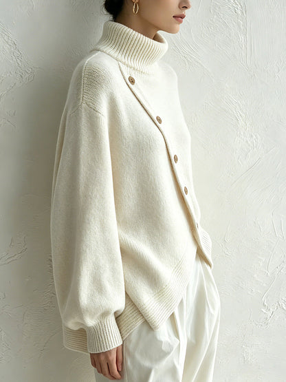 White Oversized Turtleneck Sweater with Diagonal Button Detail