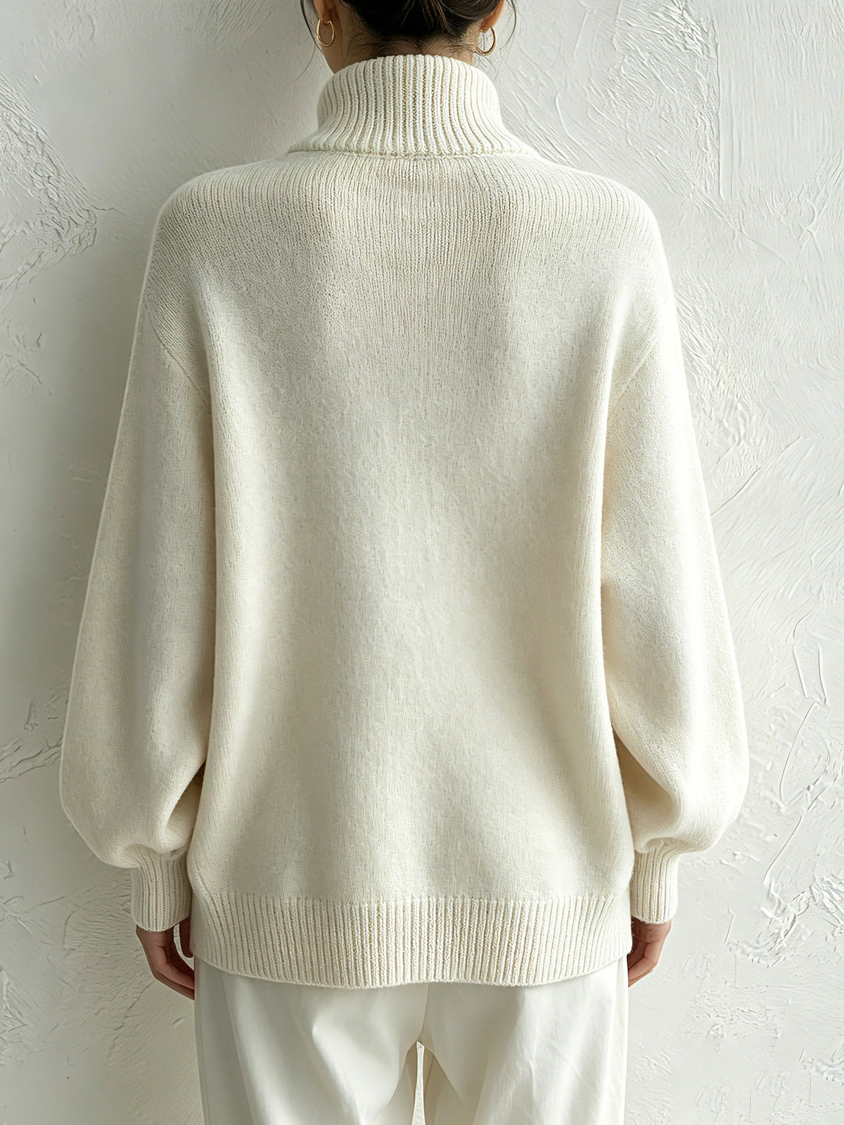 White Oversized Turtleneck Sweater with Diagonal Button Detail