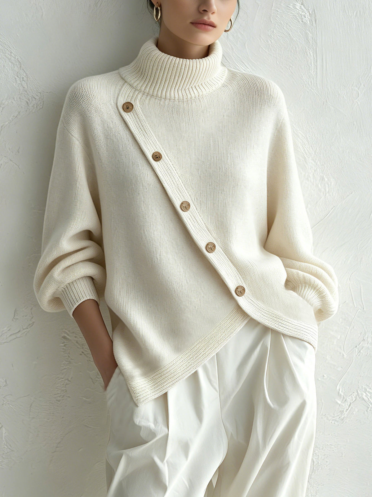 White Oversized Turtleneck Sweater with Diagonal Button Detail