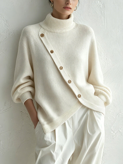 White Oversized Turtleneck Sweater with Diagonal Button Detail