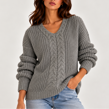 Chunky Cable Knit Sweater with V-Neckline and Puff Sleeves